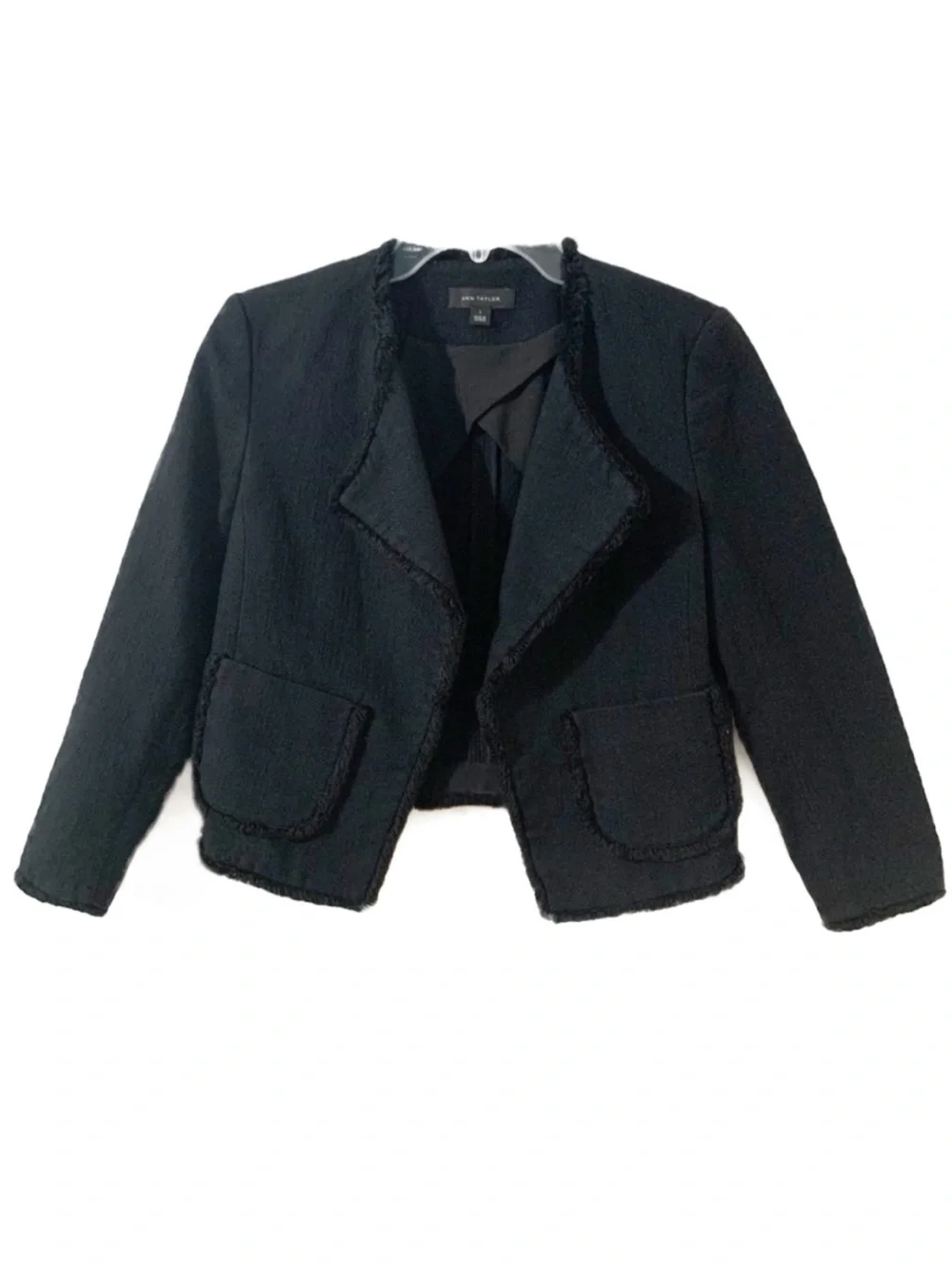 Ann Taylor Cotton Blend Open Front Long Sleeve Crop Waist Blazer Raw Hem Detail